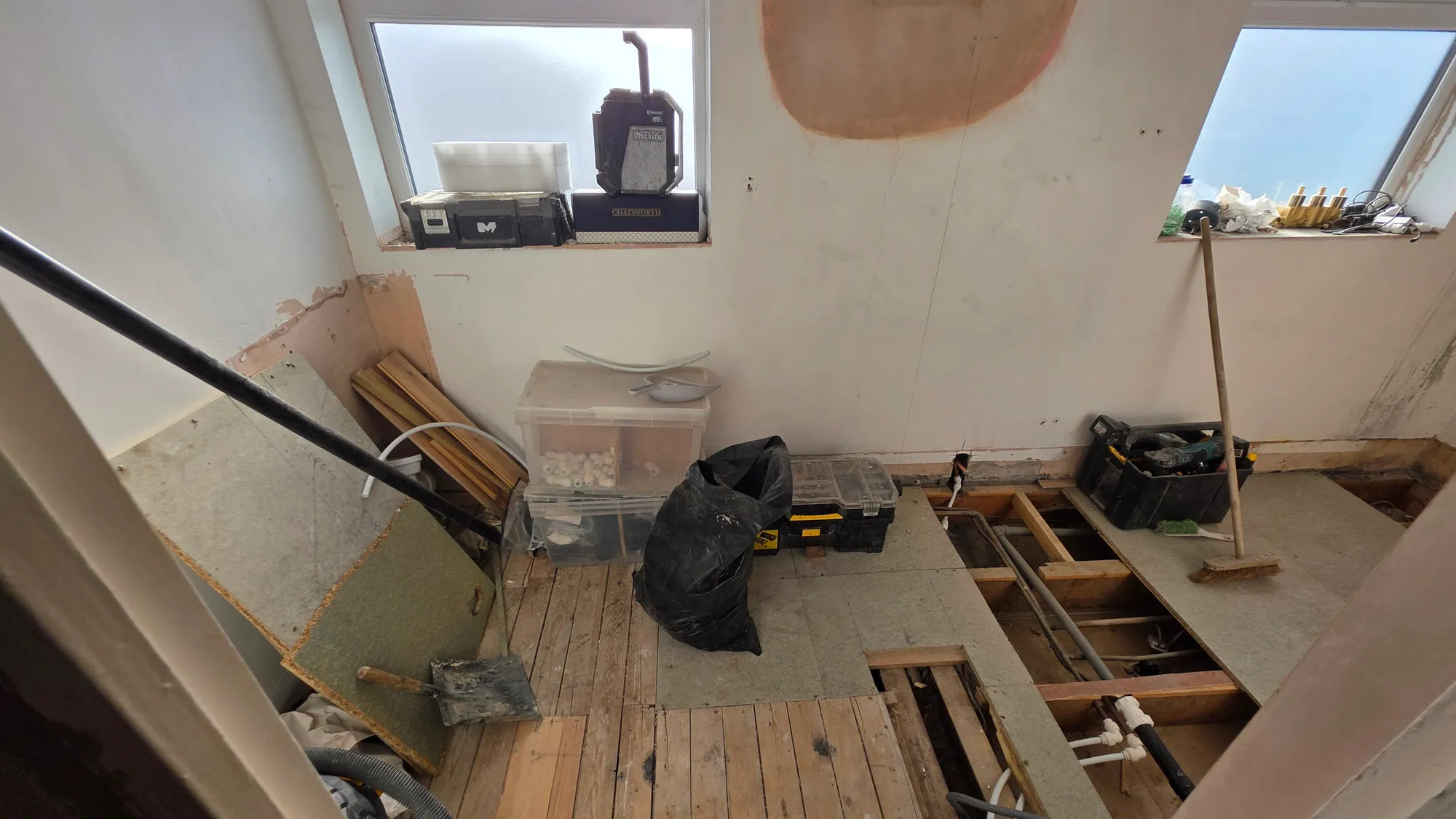 Bathroom Refurbishment Thornaby with Four-Piece Suite in Thornaby — before work began. Services: Bathroom Refurbishment, Bathroom Installation, Bathtub Installation, Shower Installation, Plumbing, Lighting, Flooring, Bathroom Tiling.
