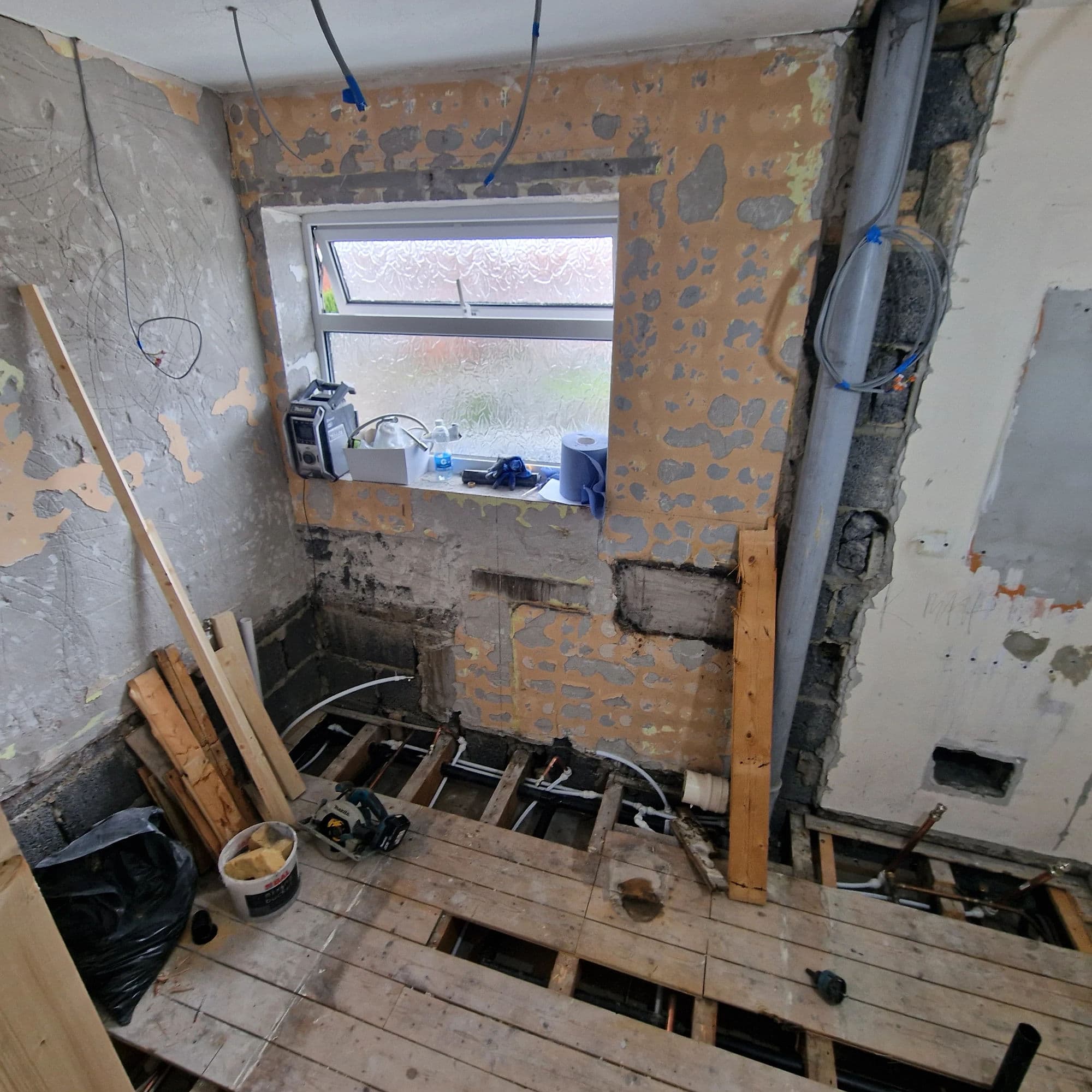 Yarm Premium Bathroom Installation and Refurbishment with Bath and Separate Shower in Yarm — before work began. Services: Bathroom Installation, Bathroom Renovation, Bathroom Tiling, Bathtub Installation, Flooring, Lighting, Plumbing, Shower Installation, Shower Room, Bathroom Refurbishment.