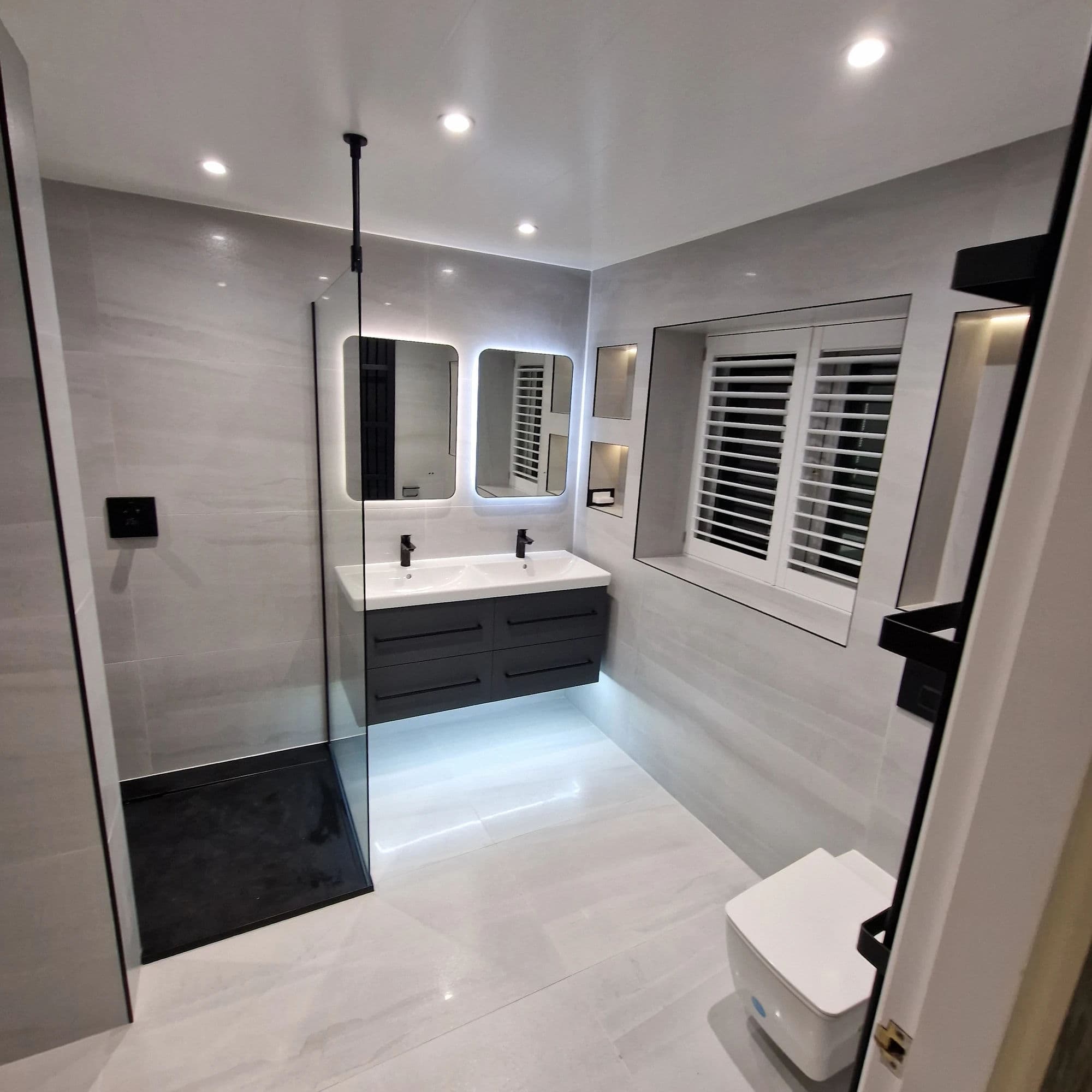 Yarm Luxury Bathroom Installation and Refurbishment with Walk-In Shower and Sauna in Yarm — after completion. Services: Bathroom Tiling, Lighting, Bathroom Renovation, Flooring.